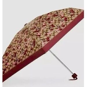 Coach UV Protection Mini Umbrella in Tan Signature Cherry Print CZ929 New